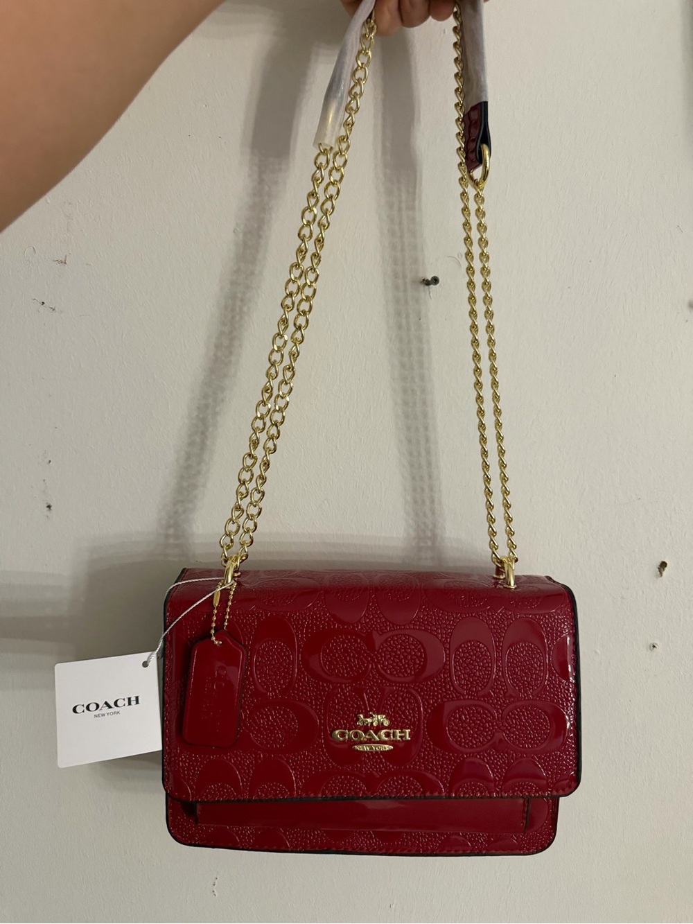 Coach Red Patent Signature Crossbody with Gold Chain